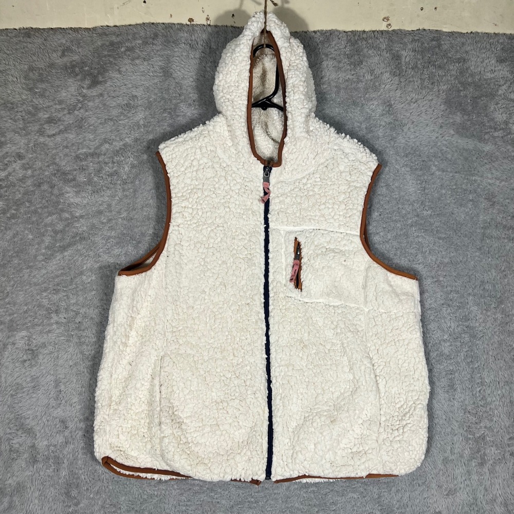 Weatherproof Vintage Mens XXL Sherpa Fleece Hooded Vest White Brown Trim Zip Up